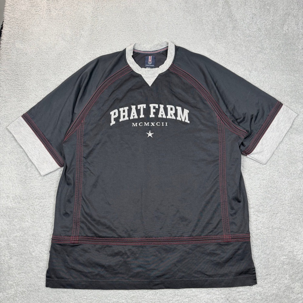 Vintage Phat Farm Mens Black Grey Jersey Shirt 3XL Red Contrast Stitch Cyber Y2K
